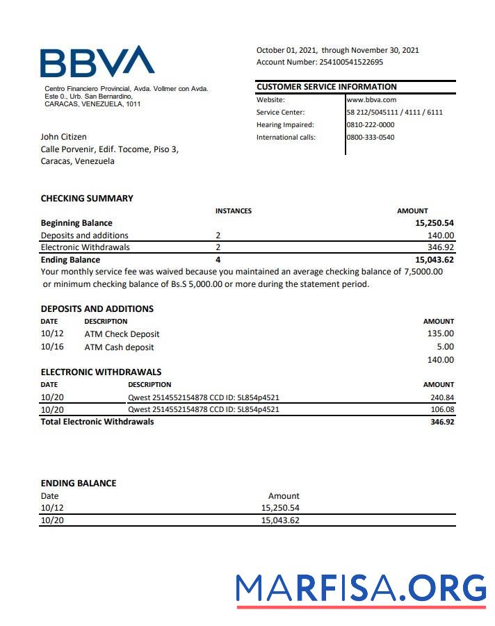 Realistic Venezuela BBVA bank statement excel real example